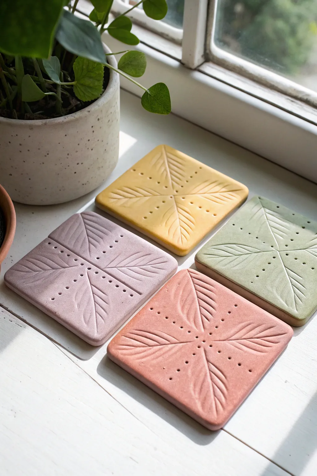 Easy stamped clay slab coasters in cheerful colors, minimal grid styling for any table.