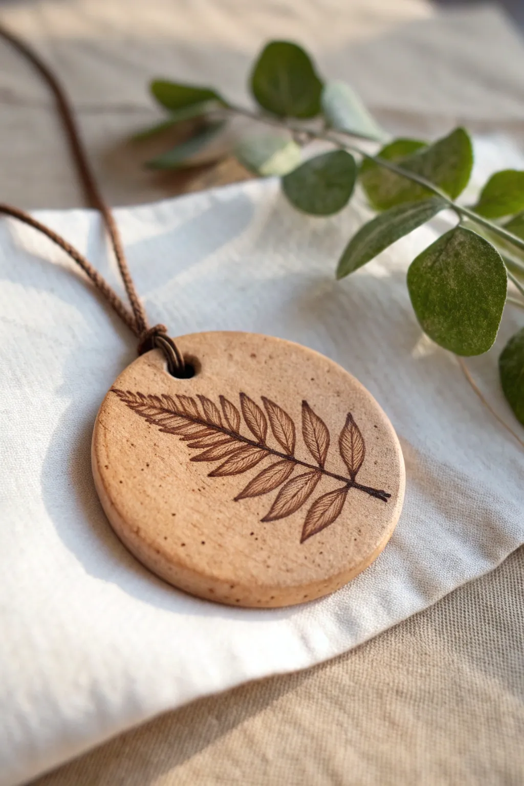 Botanical leaf fossil medallion pendant in earthy clay with a rich dark vein wash.