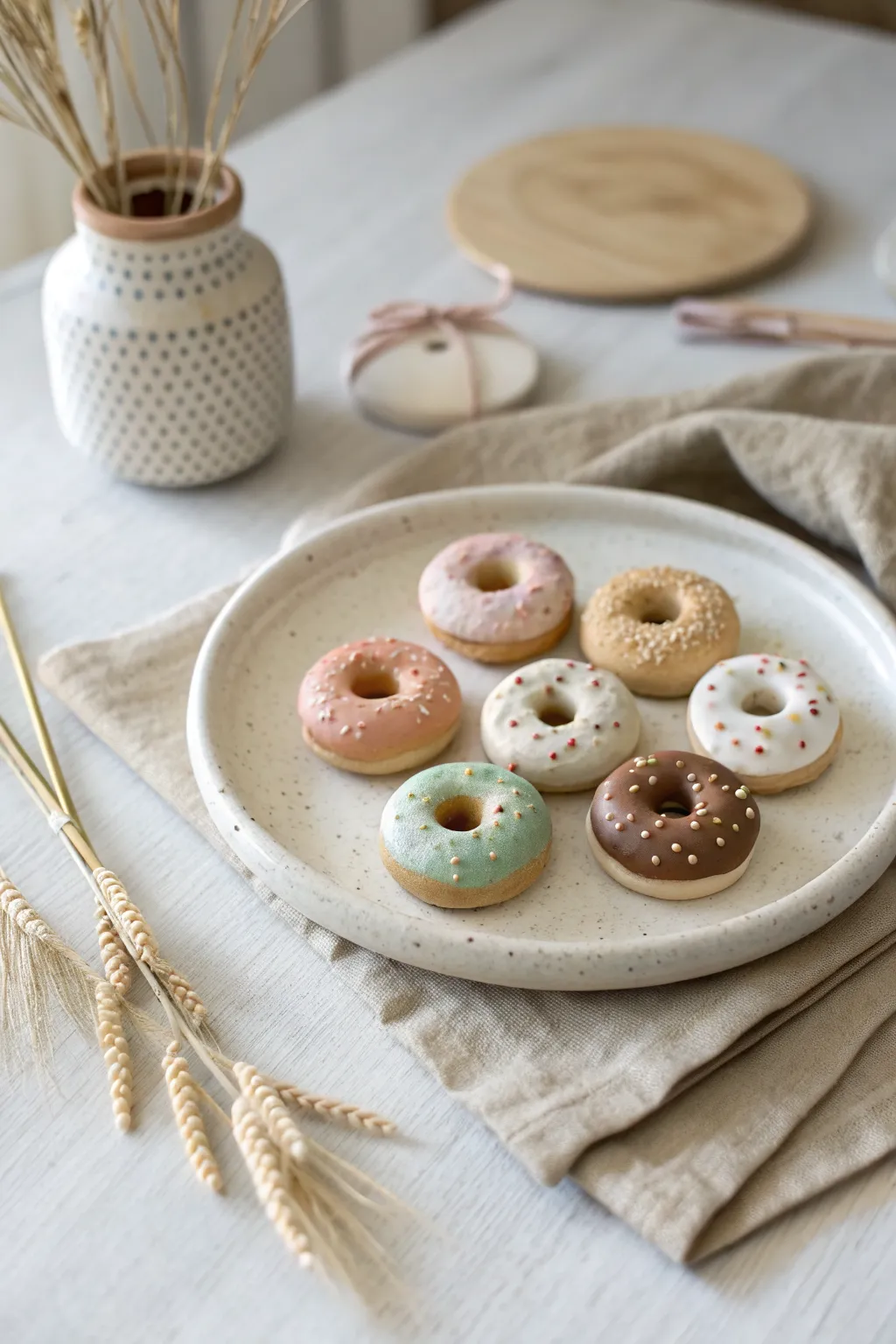 Mini clay play-food donuts with sprinkles, a sweet and simple kids craft in Scandi boho style.