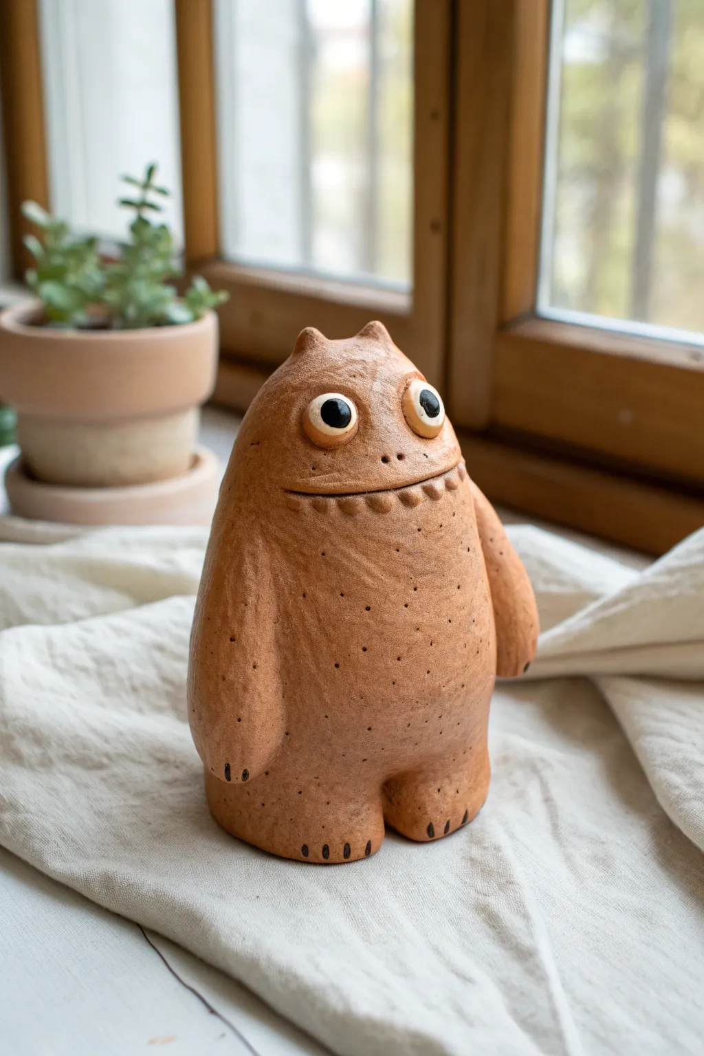 Playful tri-eyed clay monster with eye stalks, minimalist boho look for easy DIY charm.