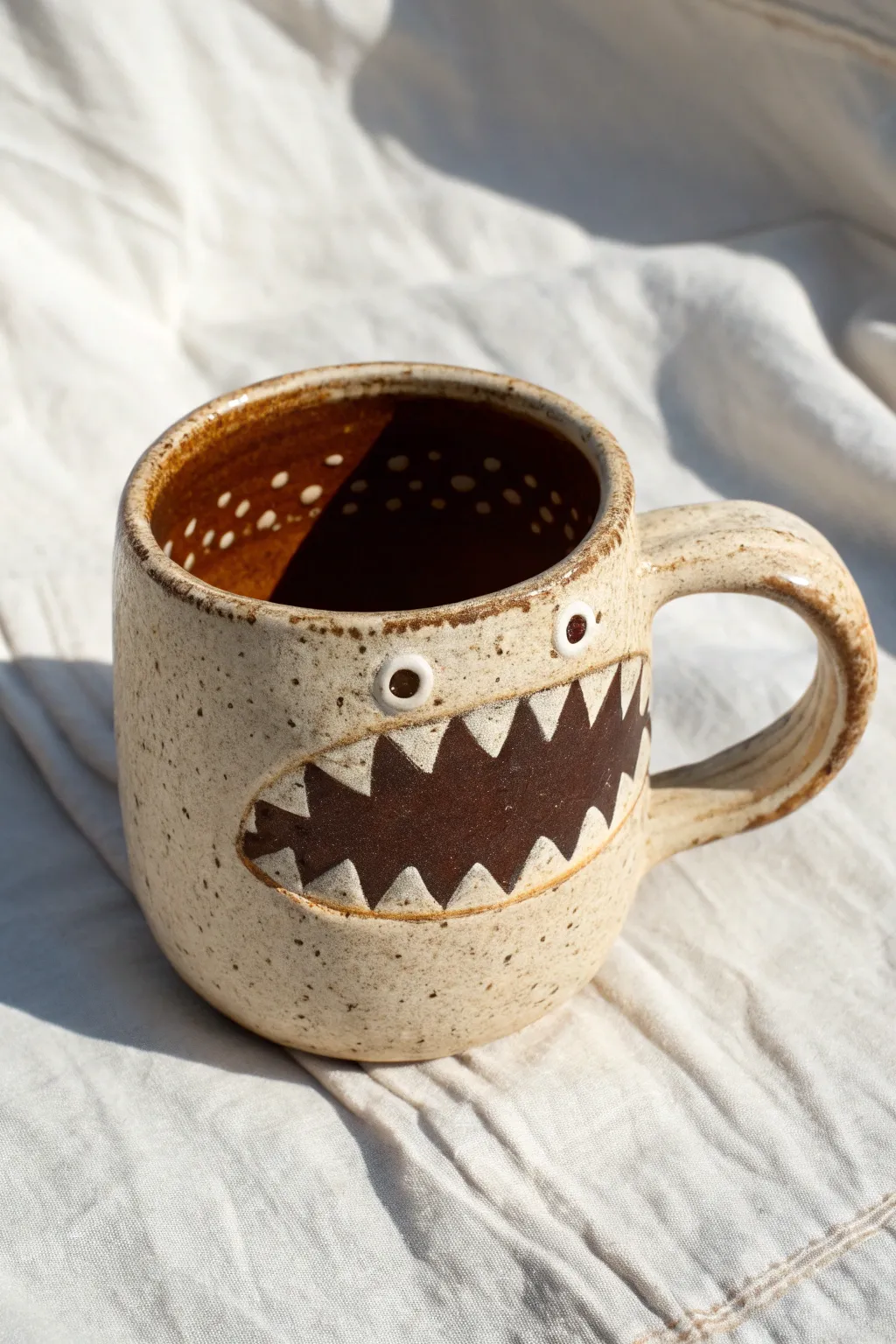 Snarling fang-rim monster mug with dark mouth glaze and soft matte exterior contrast