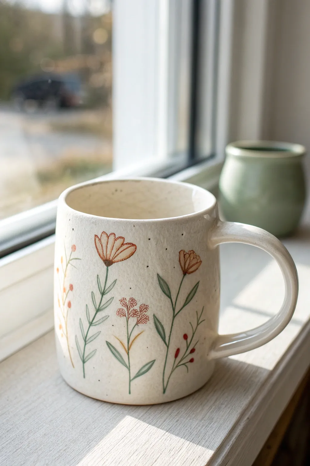 Simple hand-painted florals on a creamy clay mug, airy and minimal for cozy mornings.