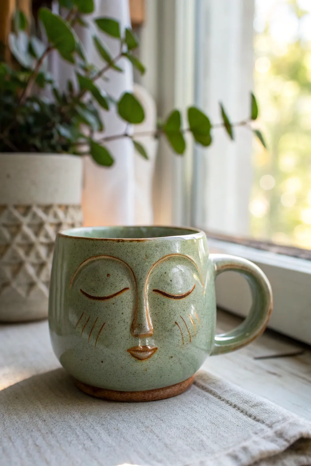 Sleepy face mug with heavy eyelids and a calm matte glaze, minimalist and cozy craftsmanship