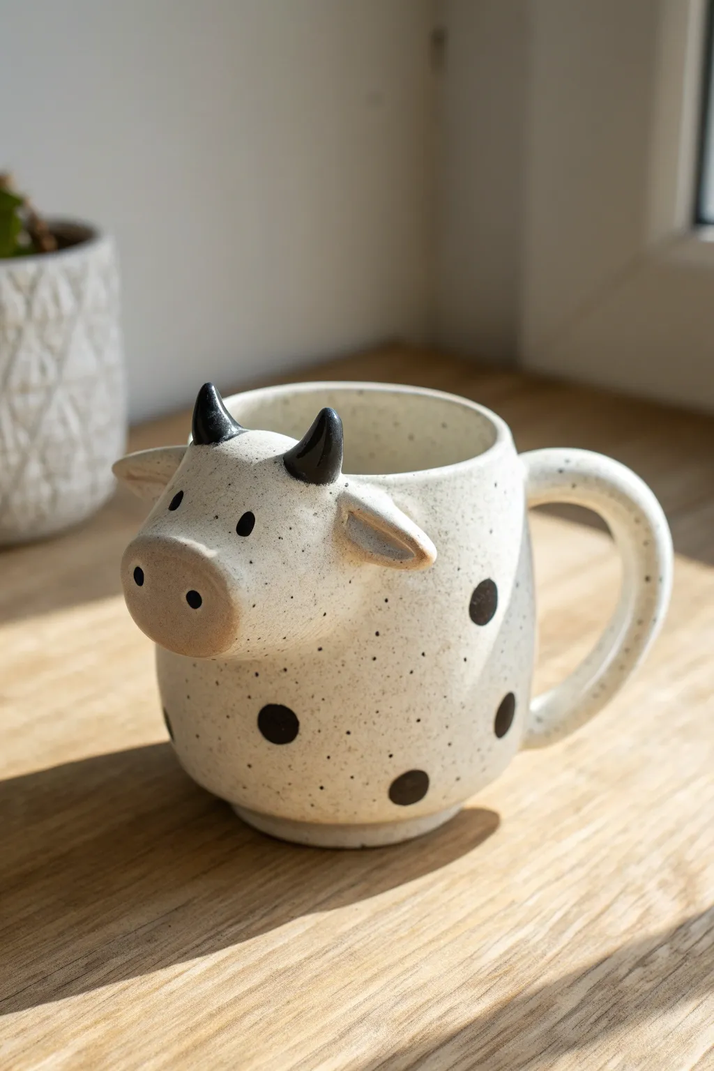 Minimal cow mug with tiny horns and a 3D nose, handmade charm in calm Scandinavian style