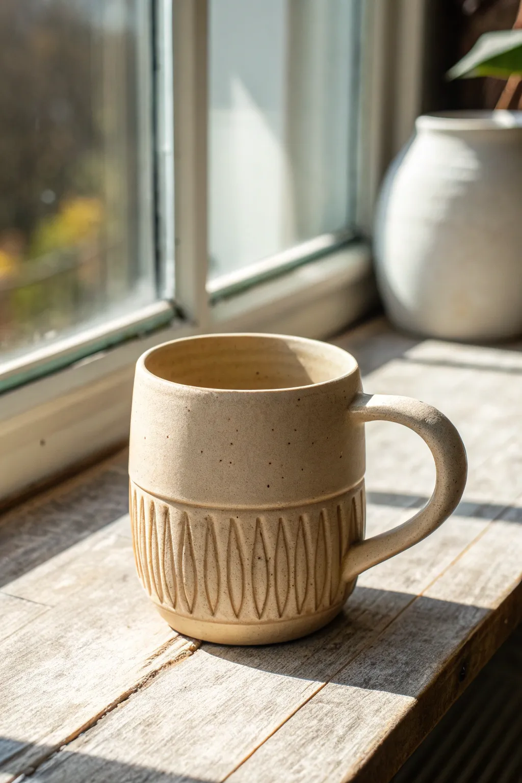 Glossy carved bands add effortless texture and glow to a simple handmade clay mug