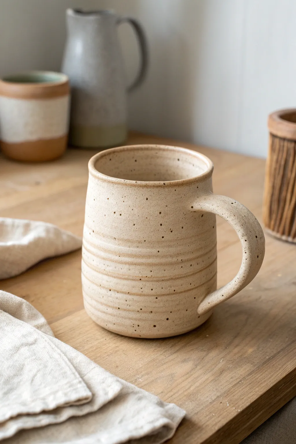 Easy coil-built mug idea with subtle spiral texture and a chunky handle in calm neutral tones.