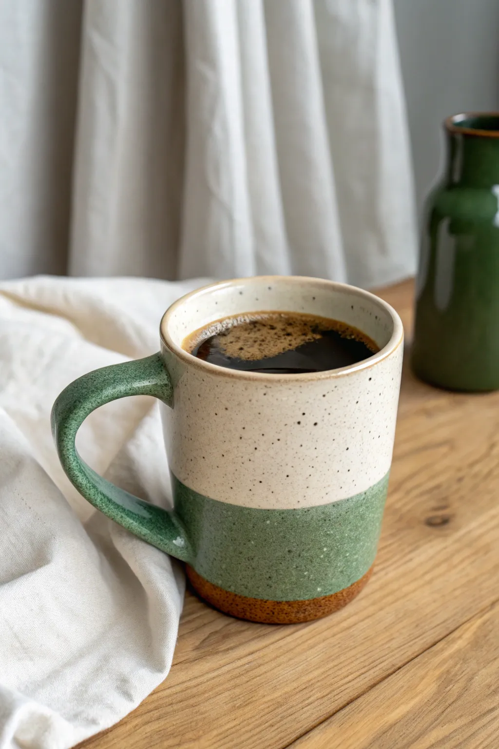 Two-tone color block mug: bold painted base, raw clay top, cozy coffee in minimalist light.