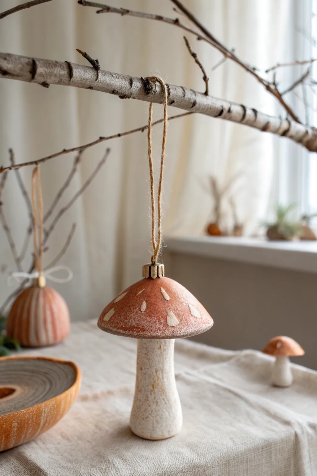 Minimal clay mushroom ornament with a simple loop, Scandinavian-boho charm for cozy decor