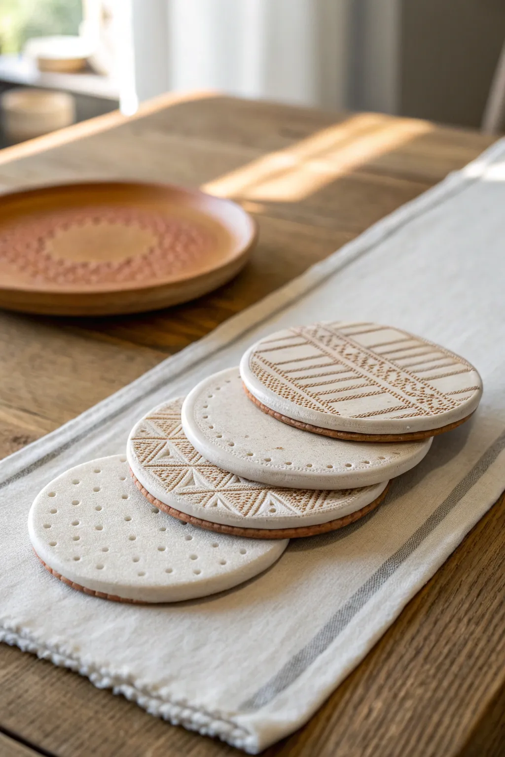 Textured clay coasters in soft neutrals, minimal and boho, perfect for a cozy coffee table