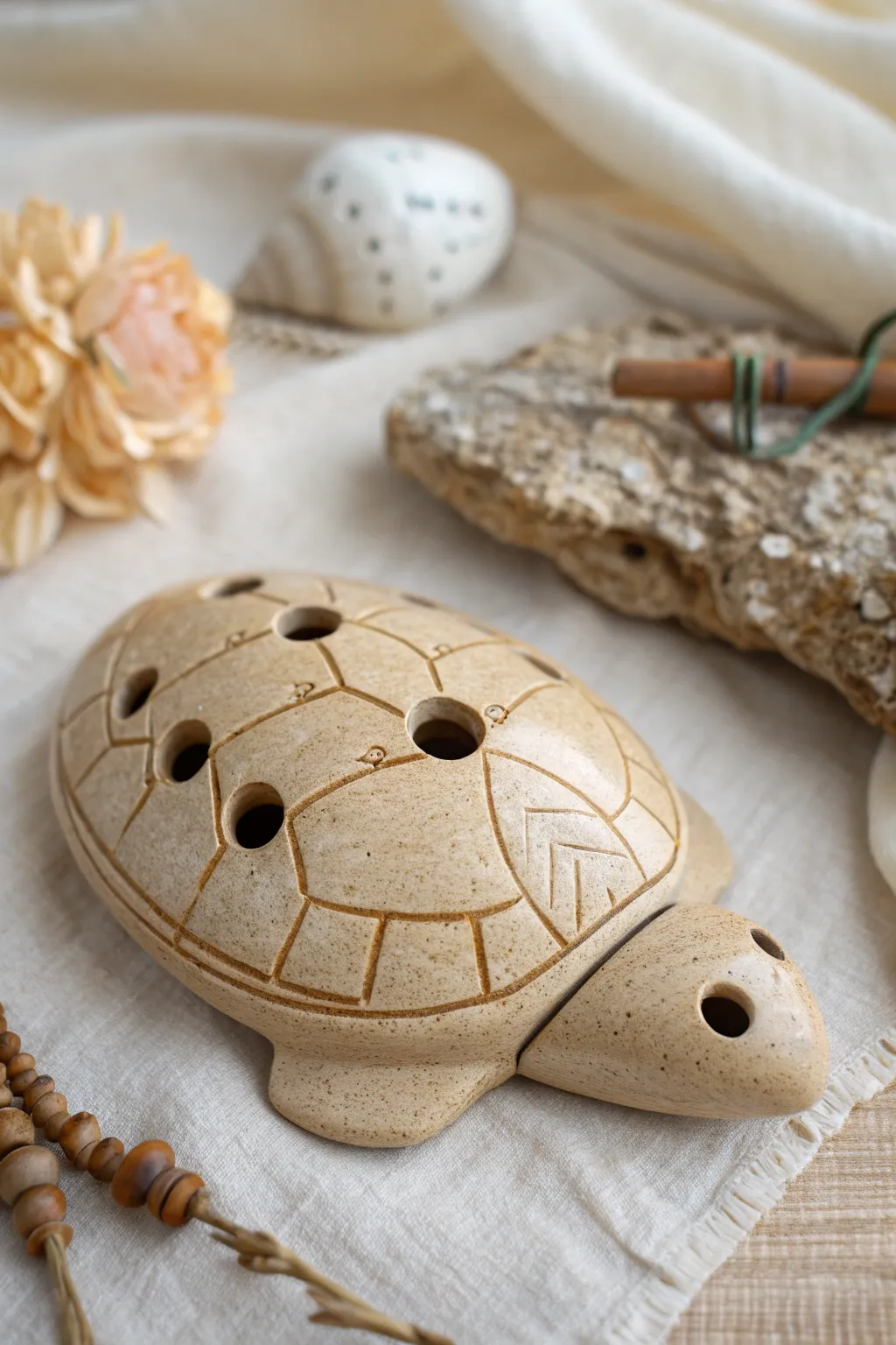 Minimalist turtle shell ocarina with carved panels and hidden finger holes in warm stoneware
