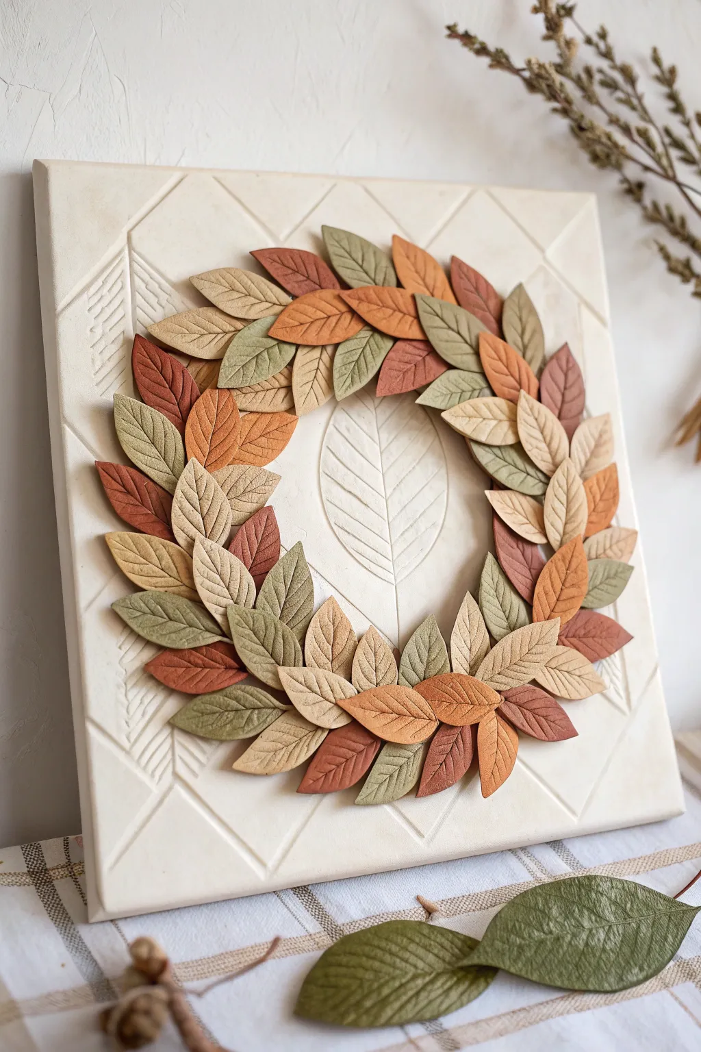 Textured clay leaf wreath on canvas in earthy tones, minimalist boho decor for cozy walls
