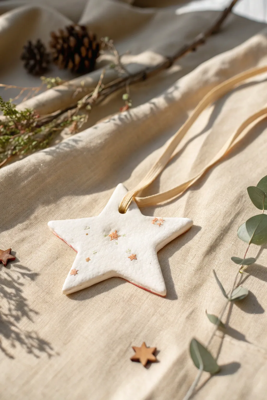 Easy cookie cutter clay star ornament with ribbon, minimalist holiday decor kids can make