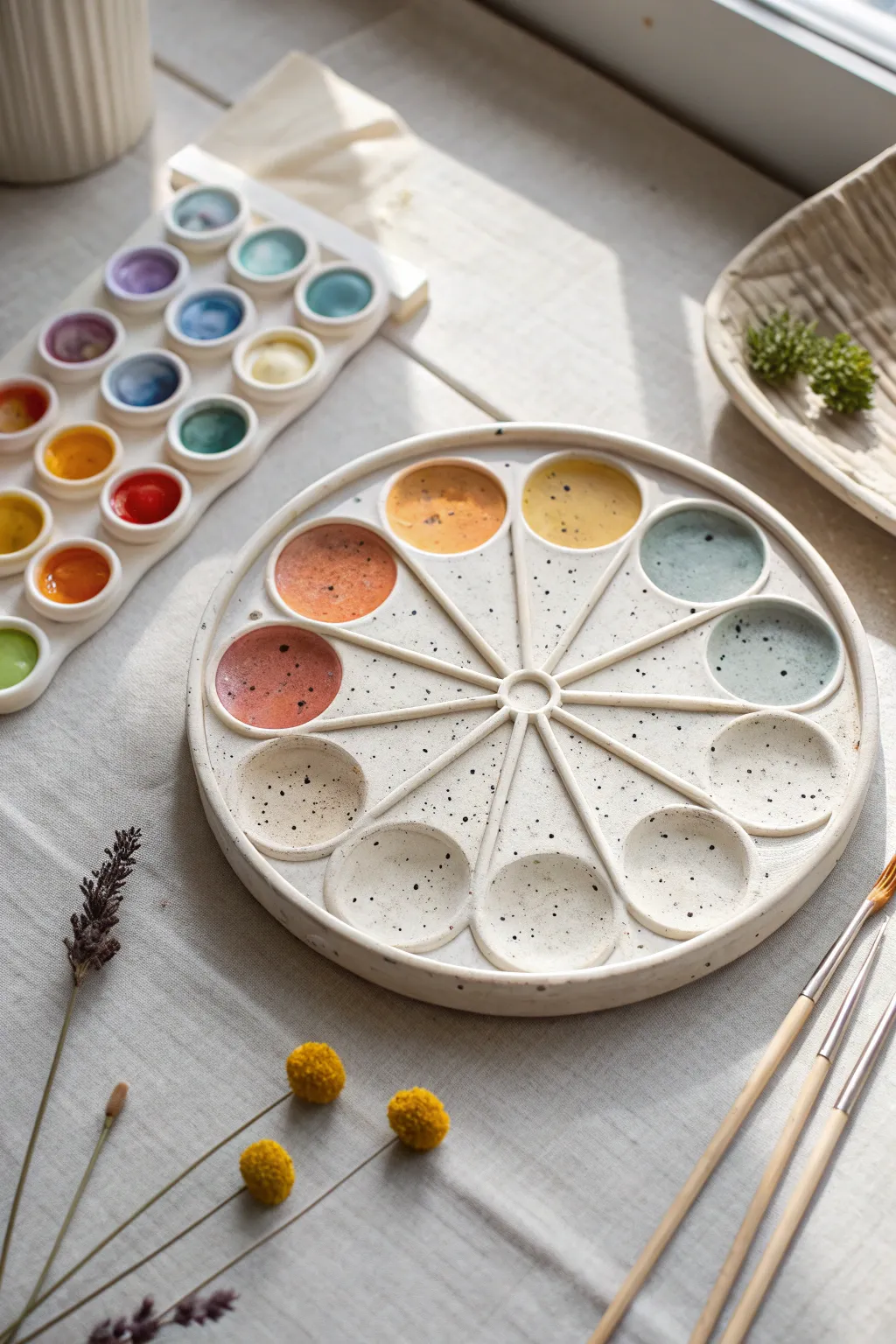 A round clay color wheel palette for effortless color mixing, minimalist and beautifully handcrafted.