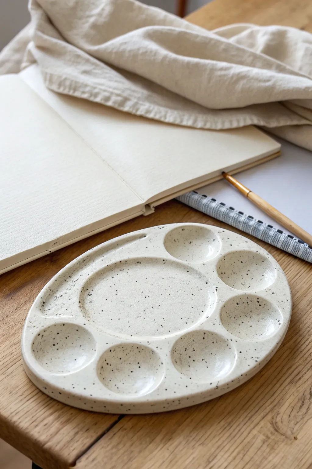 Minimal oval clay palette with thumb grip and shallow wells, perfect for dreamy watercolor sessions.