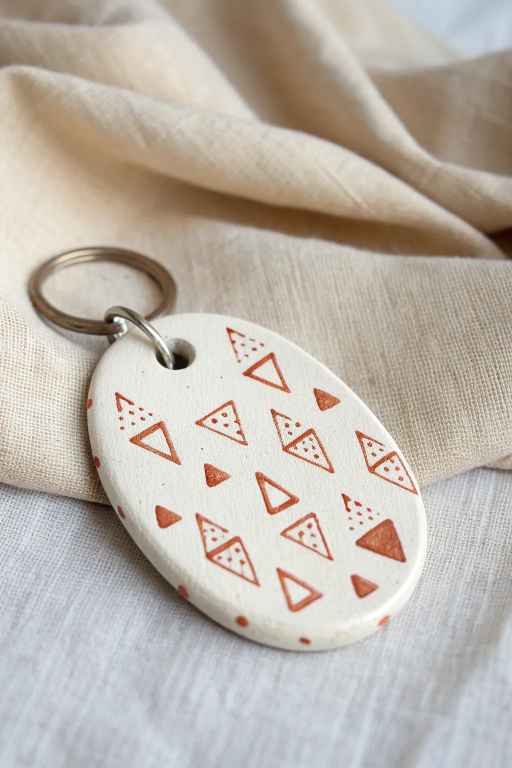 Classic stamped repeat: a minimal oval clay tag with tidy triangles in a calm two-tone palette.