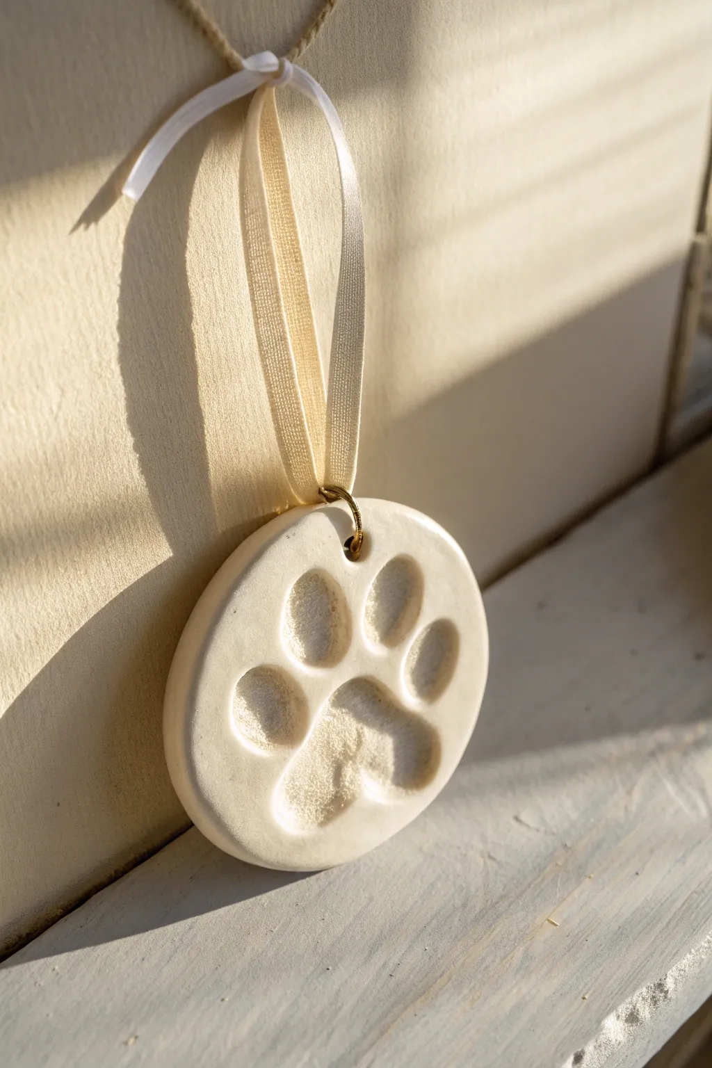 Minimal clay paw print ornament with a clean ribbon hole, softly sealed and ready to gift