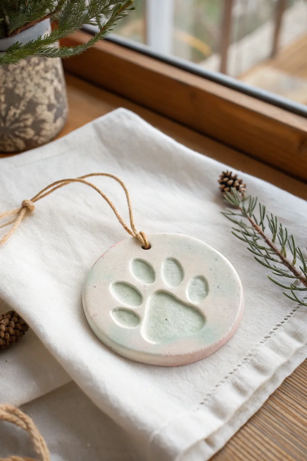 Soft pastel paw print on a neutral clay disc, minimalist and sweet as a modern keepsake.
