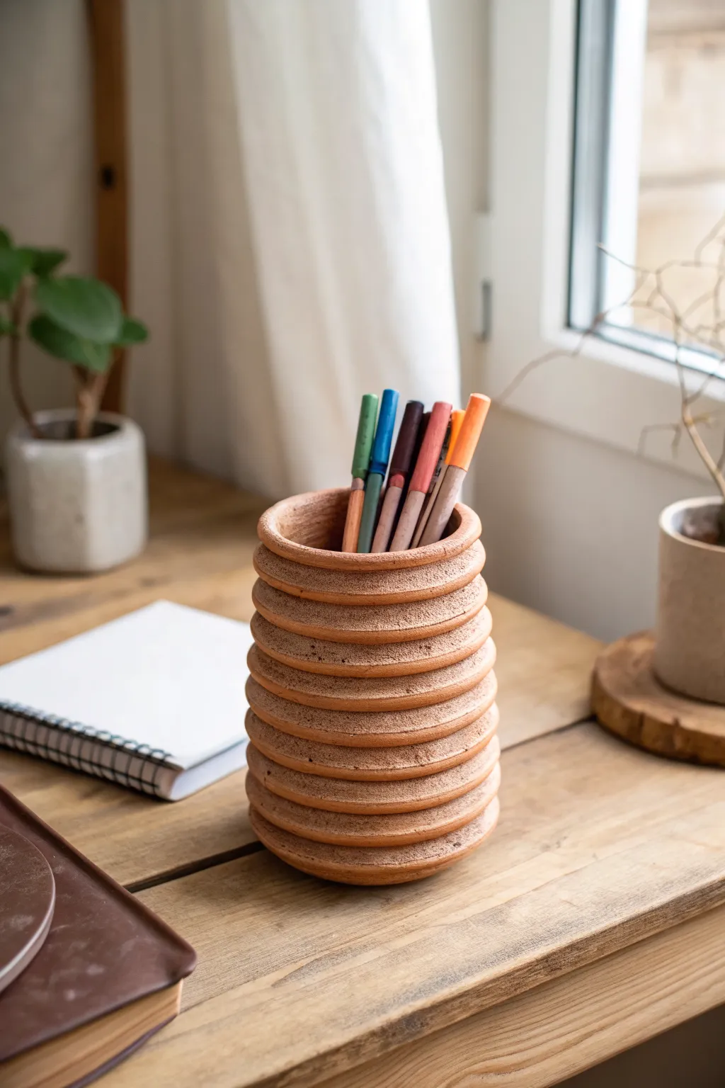 Coil-built spiral clay pen holder in warm earth tones, styled with bright markers for contrast.