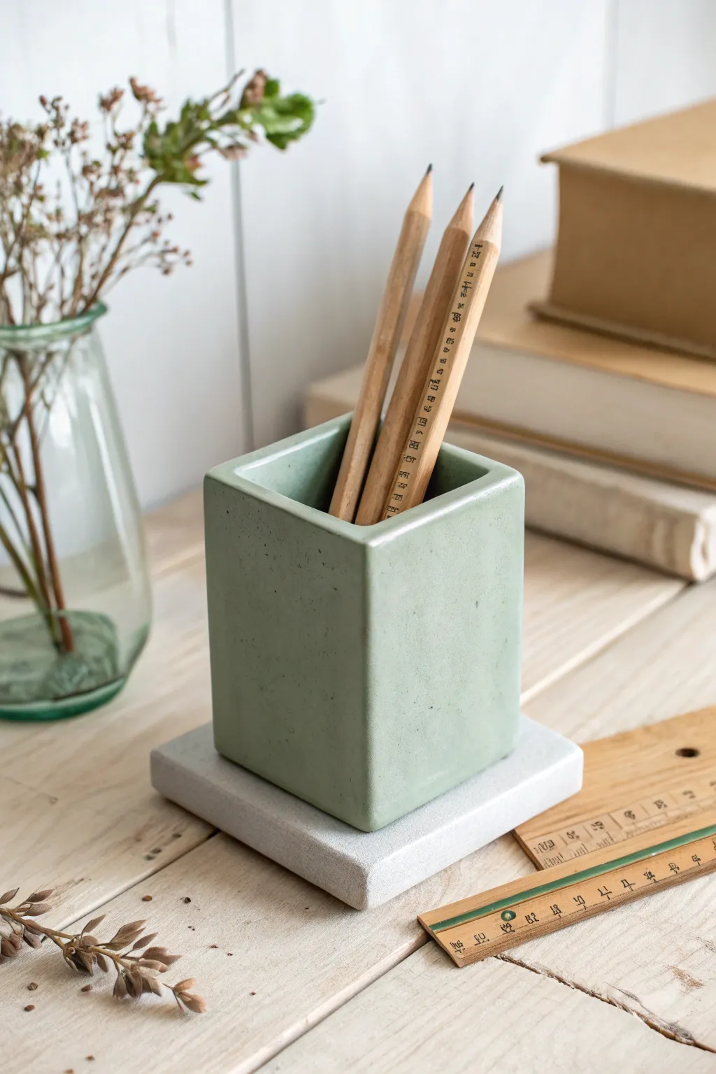 Square slab clay pencil holder in soft sage with pens and ruler for a tidy modern desk.