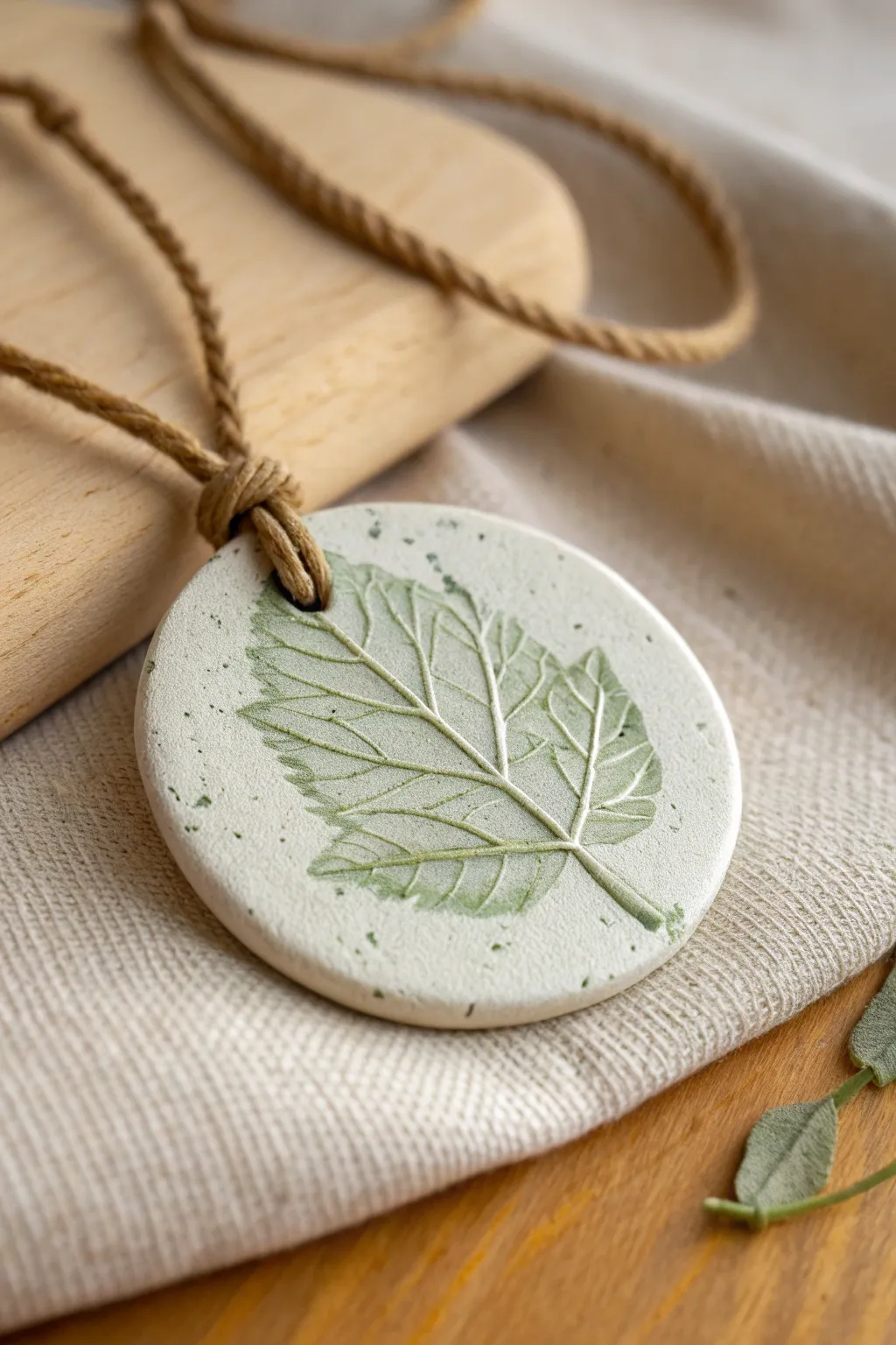 Rustic clay leaf-imprint medallion on linen cord in a calm, earthy minimalist style