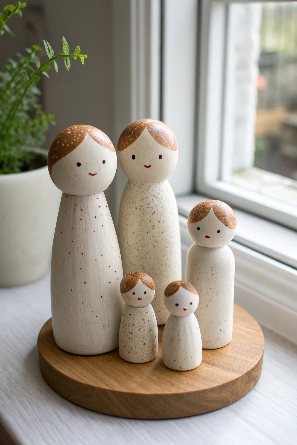 Simple clay family lineup in soft neutrals with tiny faces and boho hair, calm Scandinavian style