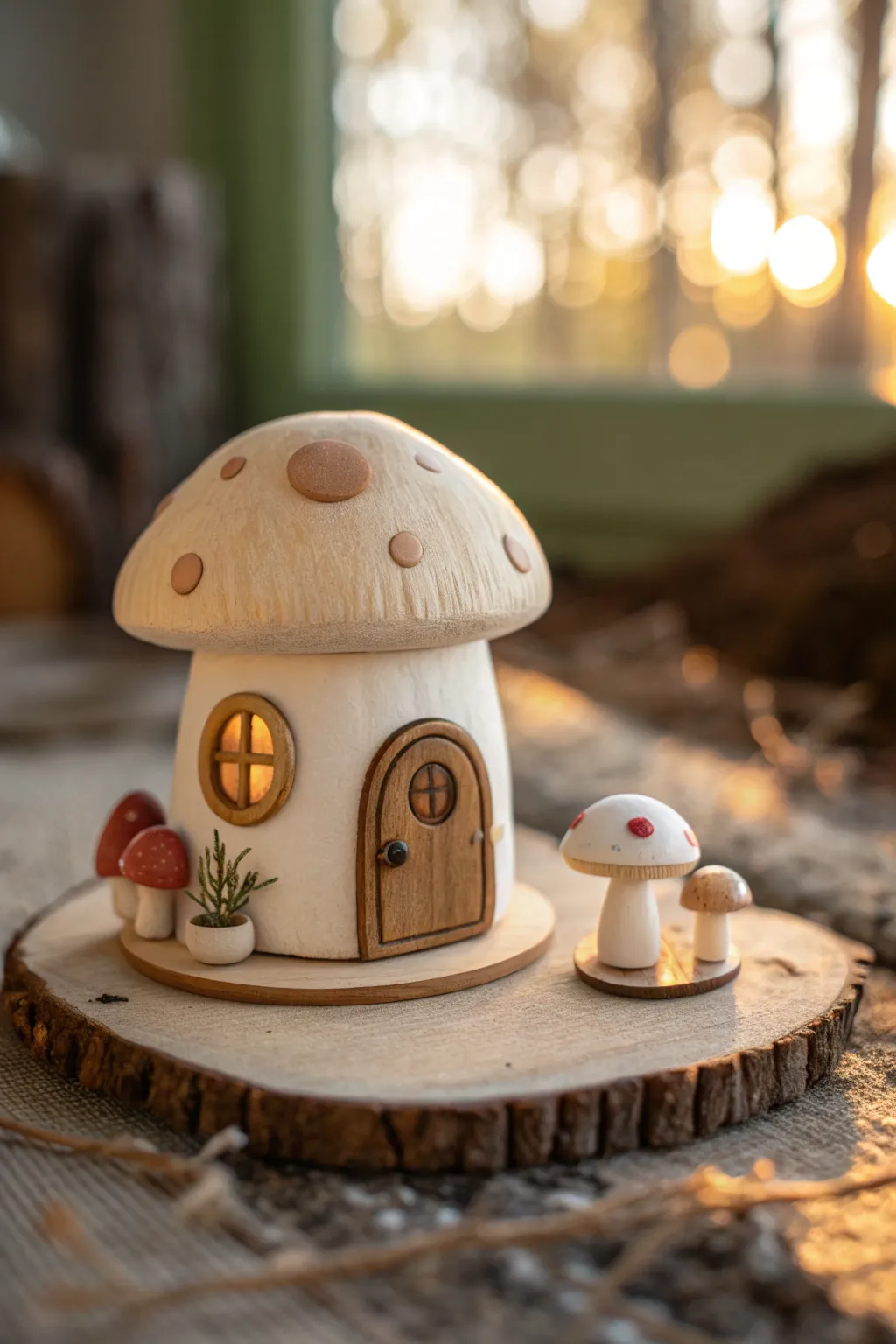 Cozy clay mushroom cottage mini scene with warm light and simple forest base charm
