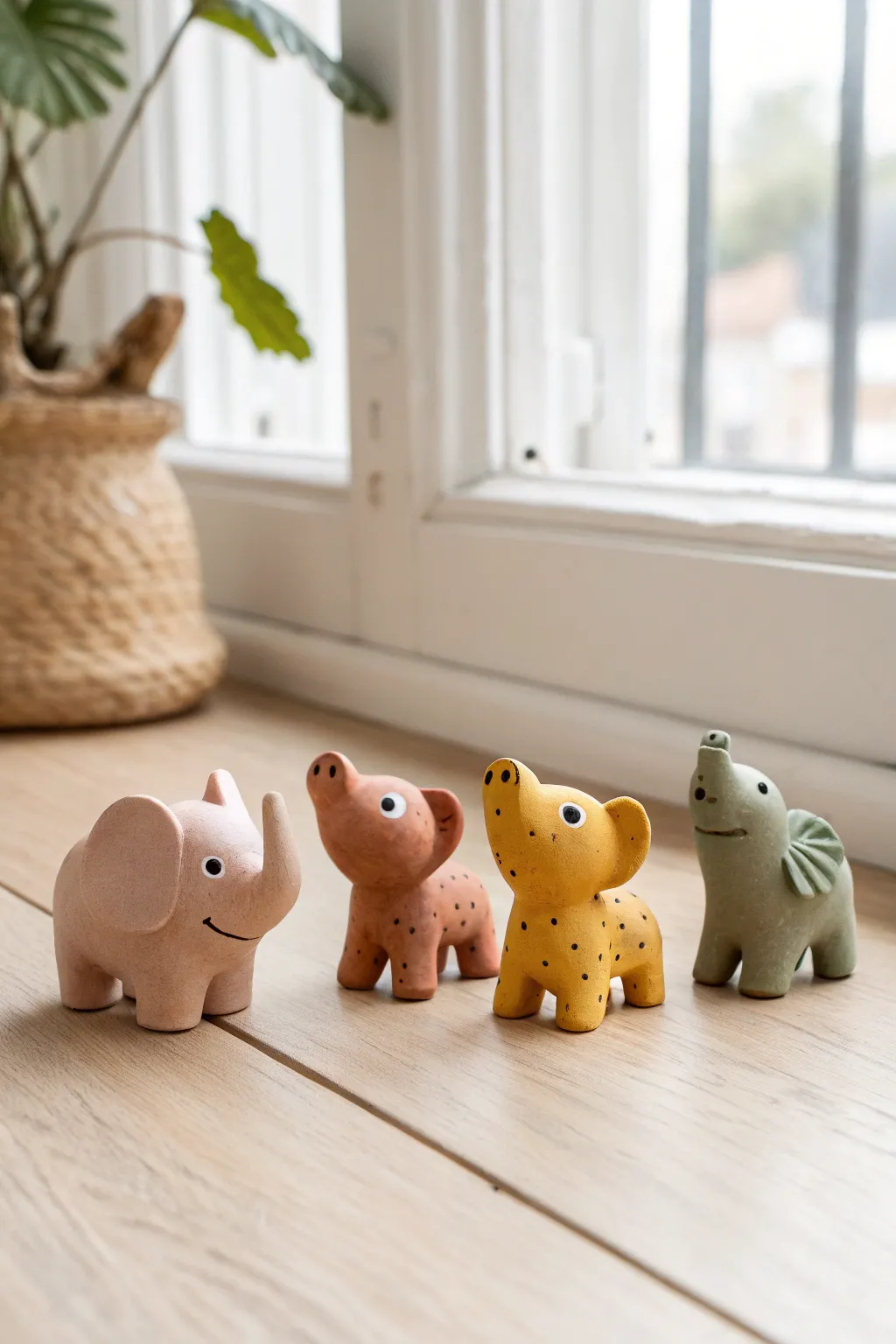 Cute mini animal figurines in happy colors, a simple clay project for a sweet shelf display.