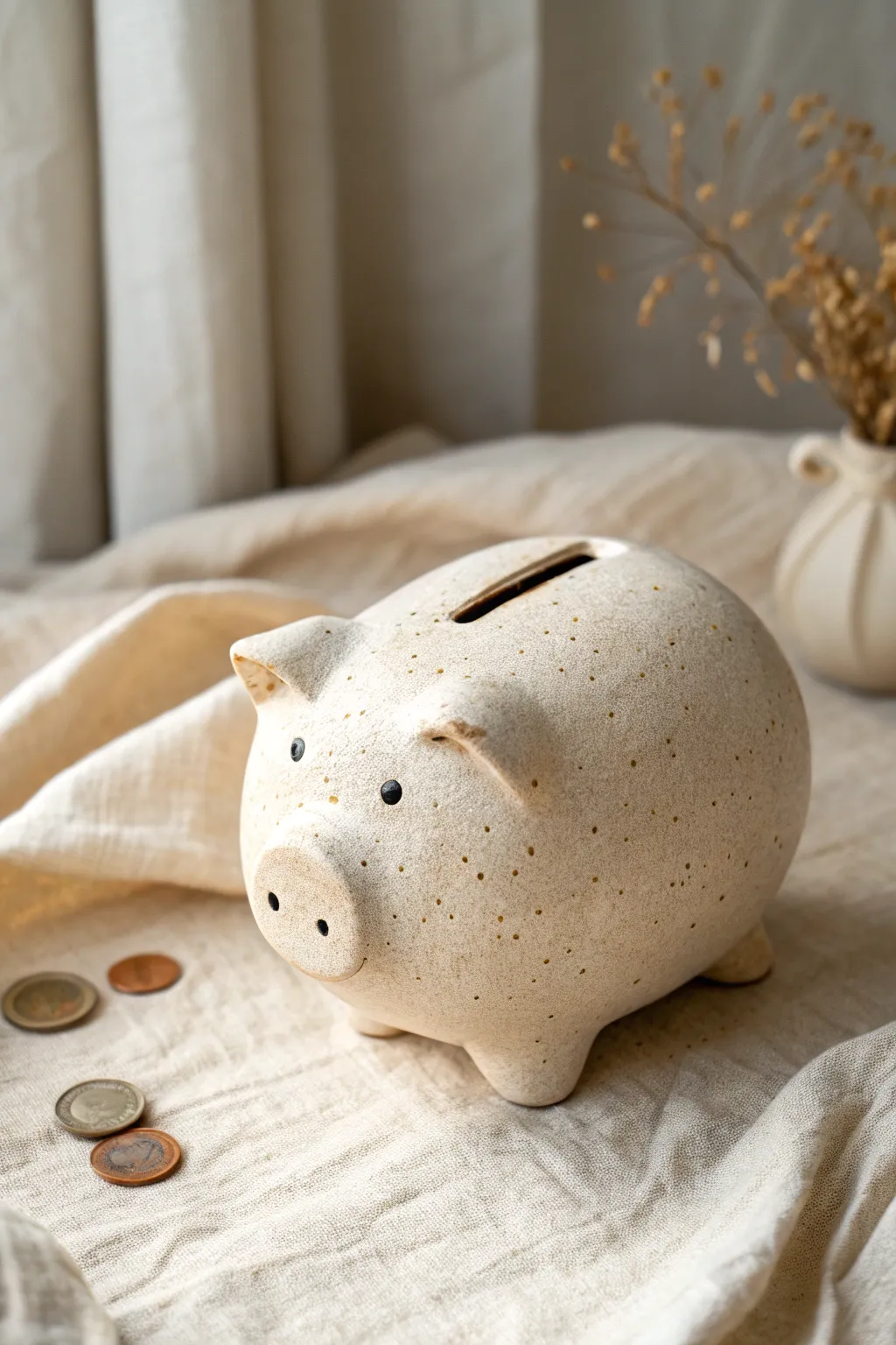 Sweet pinch-pot clay piggy bank with a simple face, cozy neutral tones, and handmade texture.