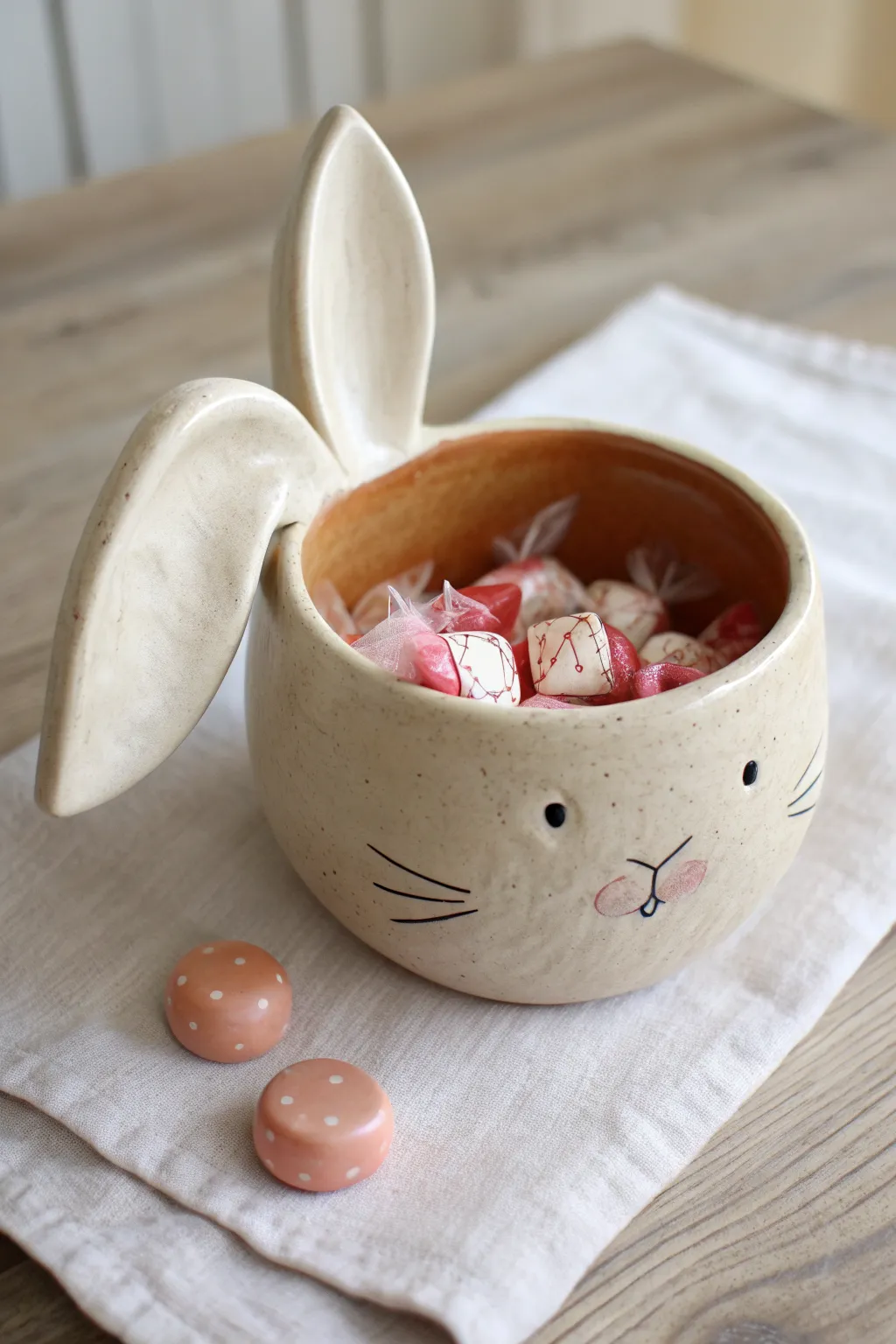 Floppy-eared bunny pinch pot in soft neutrals, holding a few candies for a sweet finishing touch