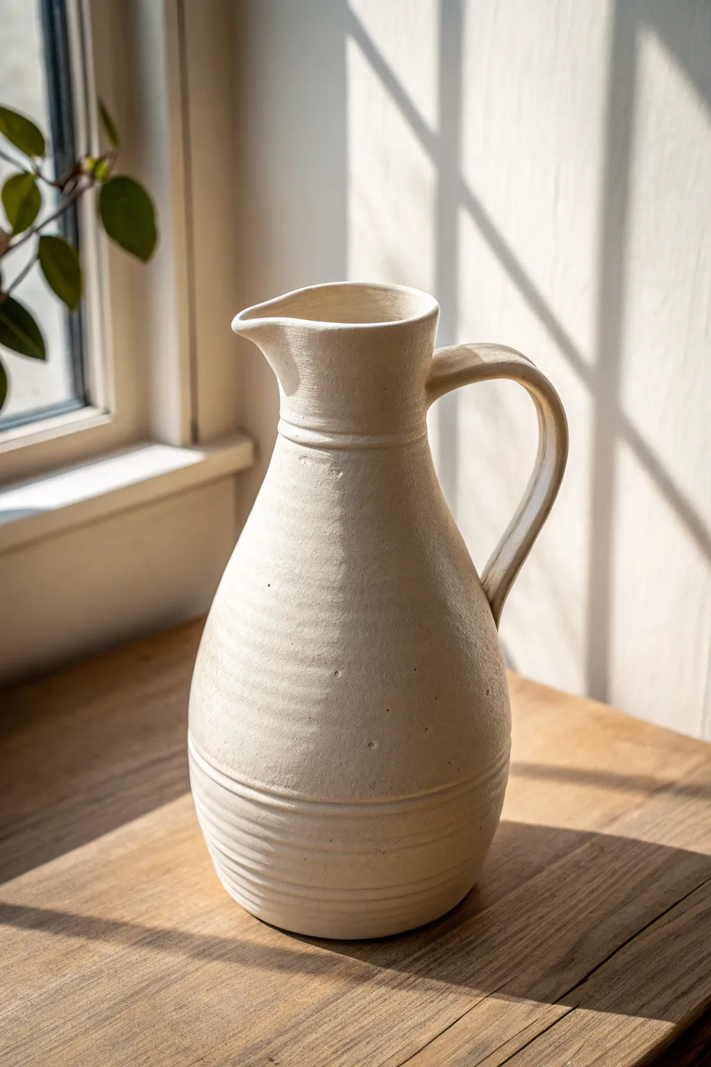 Clean-lined slab-built pitcher with subtle seams, minimal form, and warm Scandinavian calm.