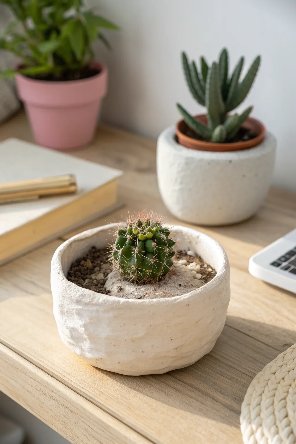 Simple air-dry pinch pot planter with a tiny cactus, styled in soft minimalist Scandinavian light
