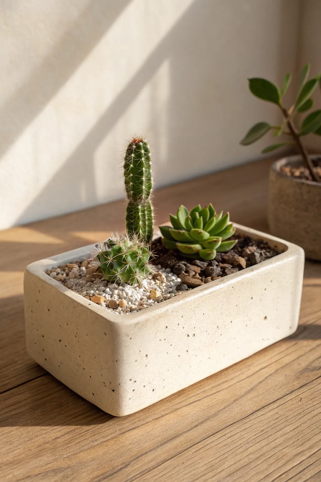 Minimal slab-built box planter with succulents, crisp corners and calm Scandinavian style