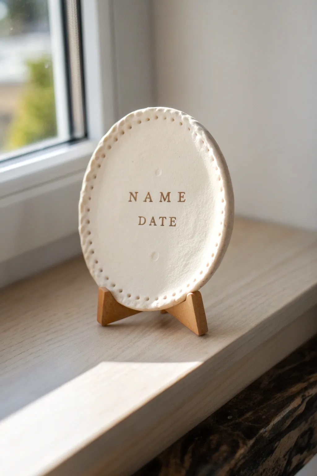 Minimal oval clay keepsake plaque on a stand, ideal for a personal name and meaningful date.