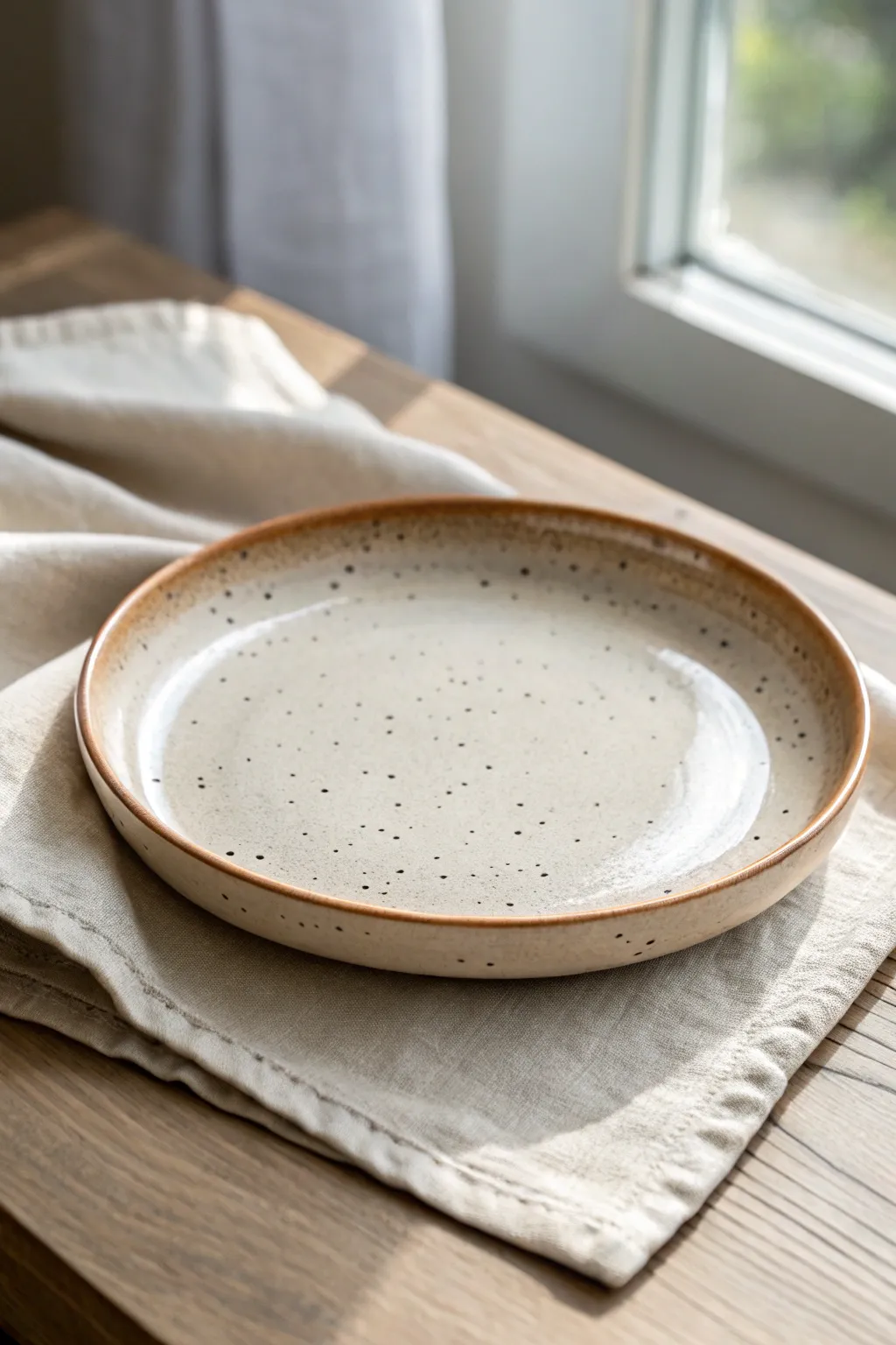 Creamy speckled glaze with a deeper rim for an effortlessly calm minimalist table setting.
