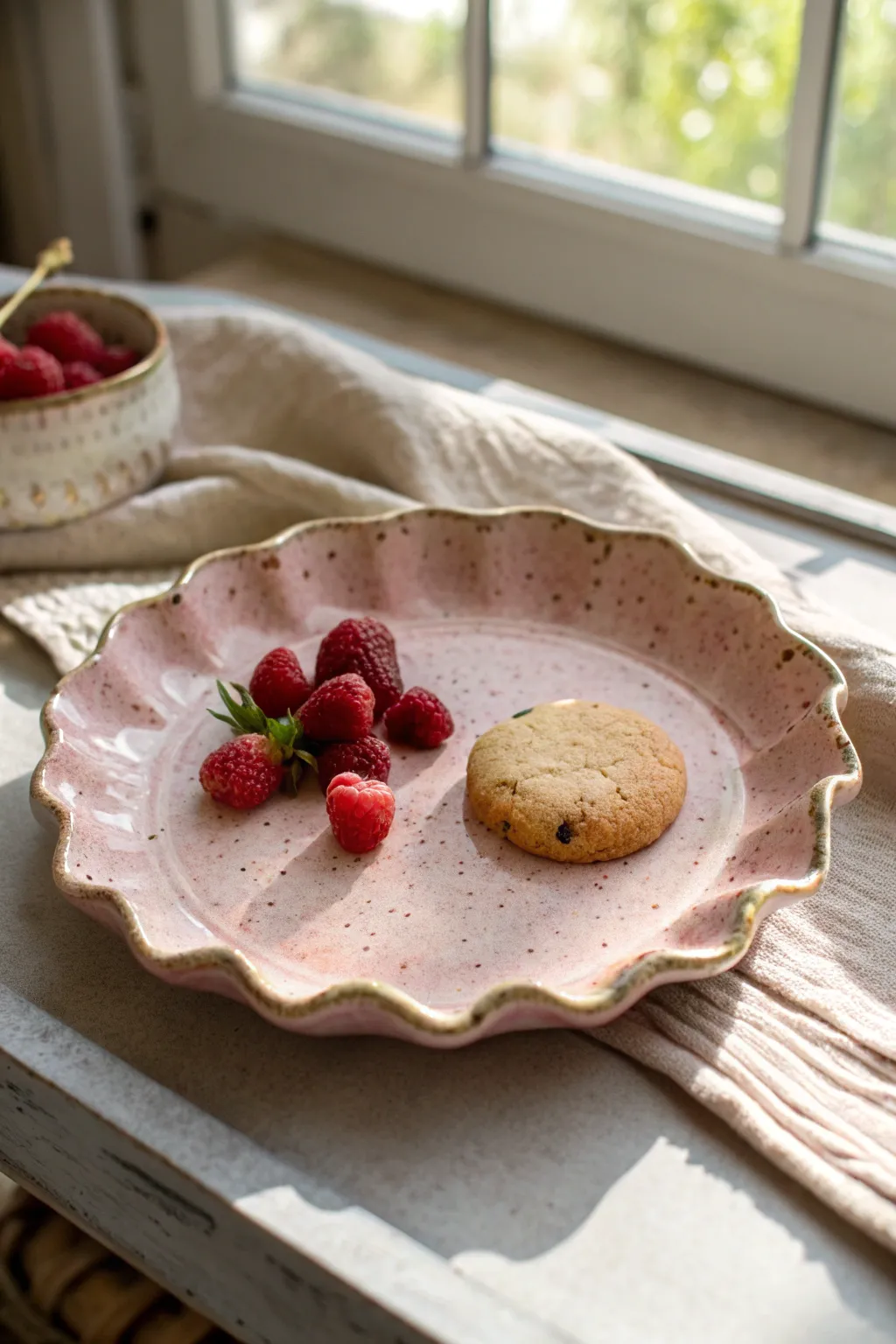 Pastel scalloped dessert plate with a simple cookie and berries for everyday charm