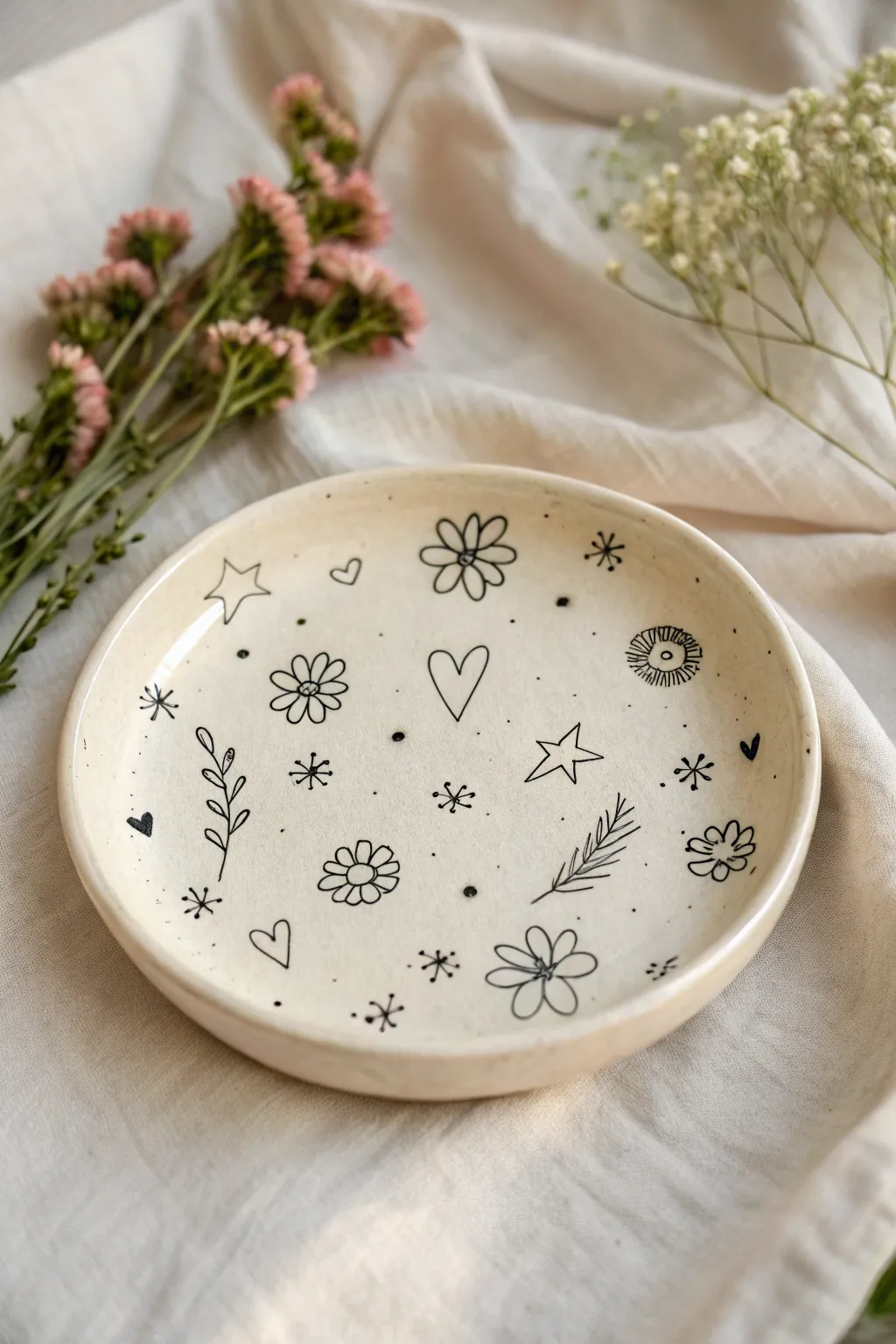 Simple black doodle icons with tiny color pops make this clay plate feel playful and modern.