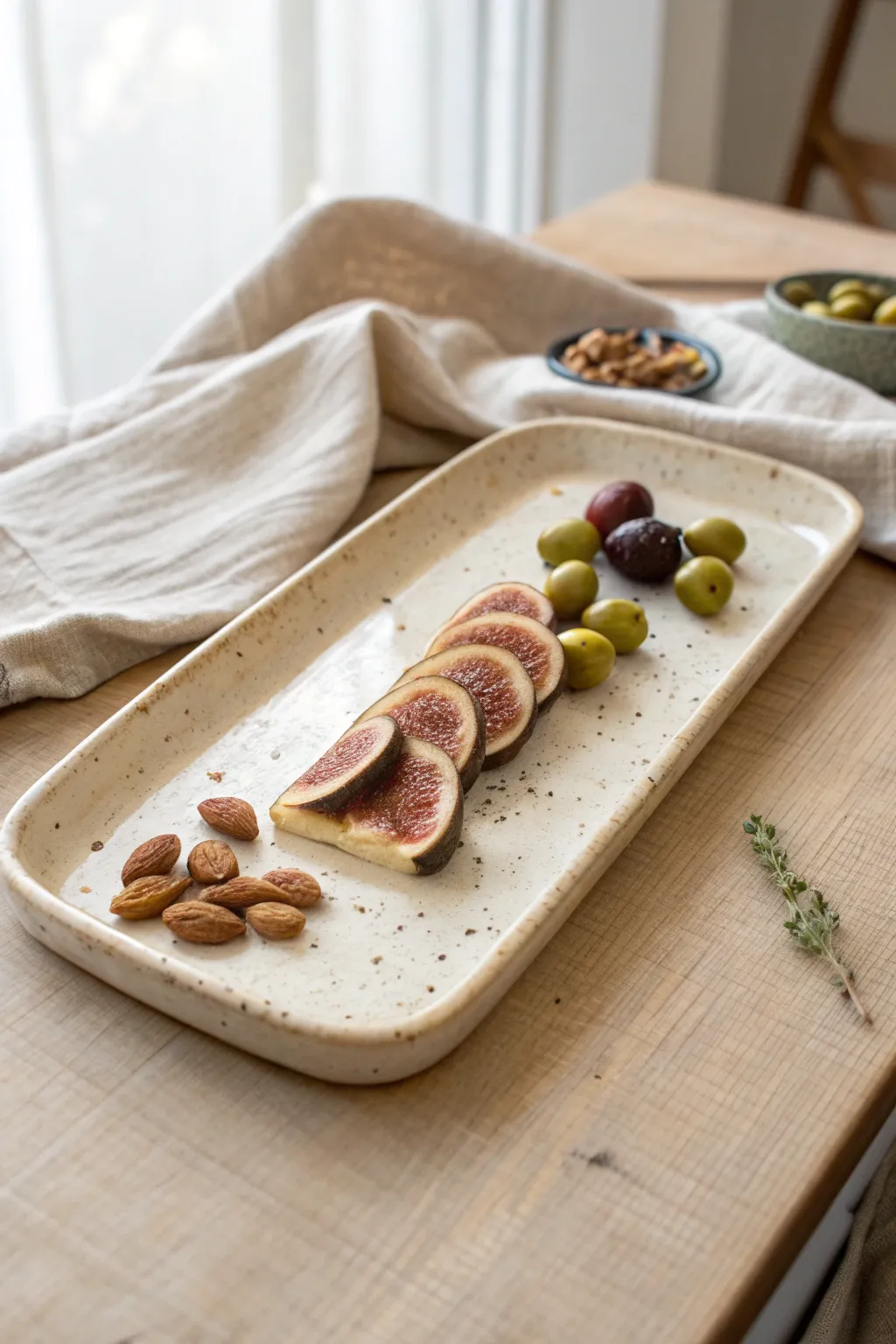 Glossy rectangular clay platter with crisp edges, styled with snacks for effortless sharing