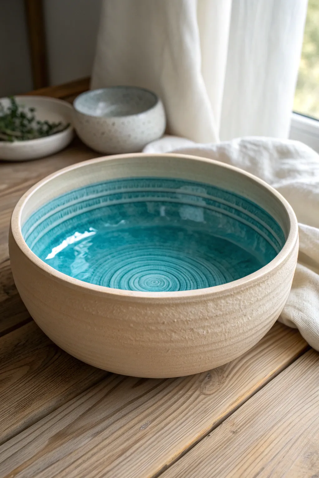 Calm ripple water pond diorama with soft teal gradient and raised wave rings, minimalist and serene