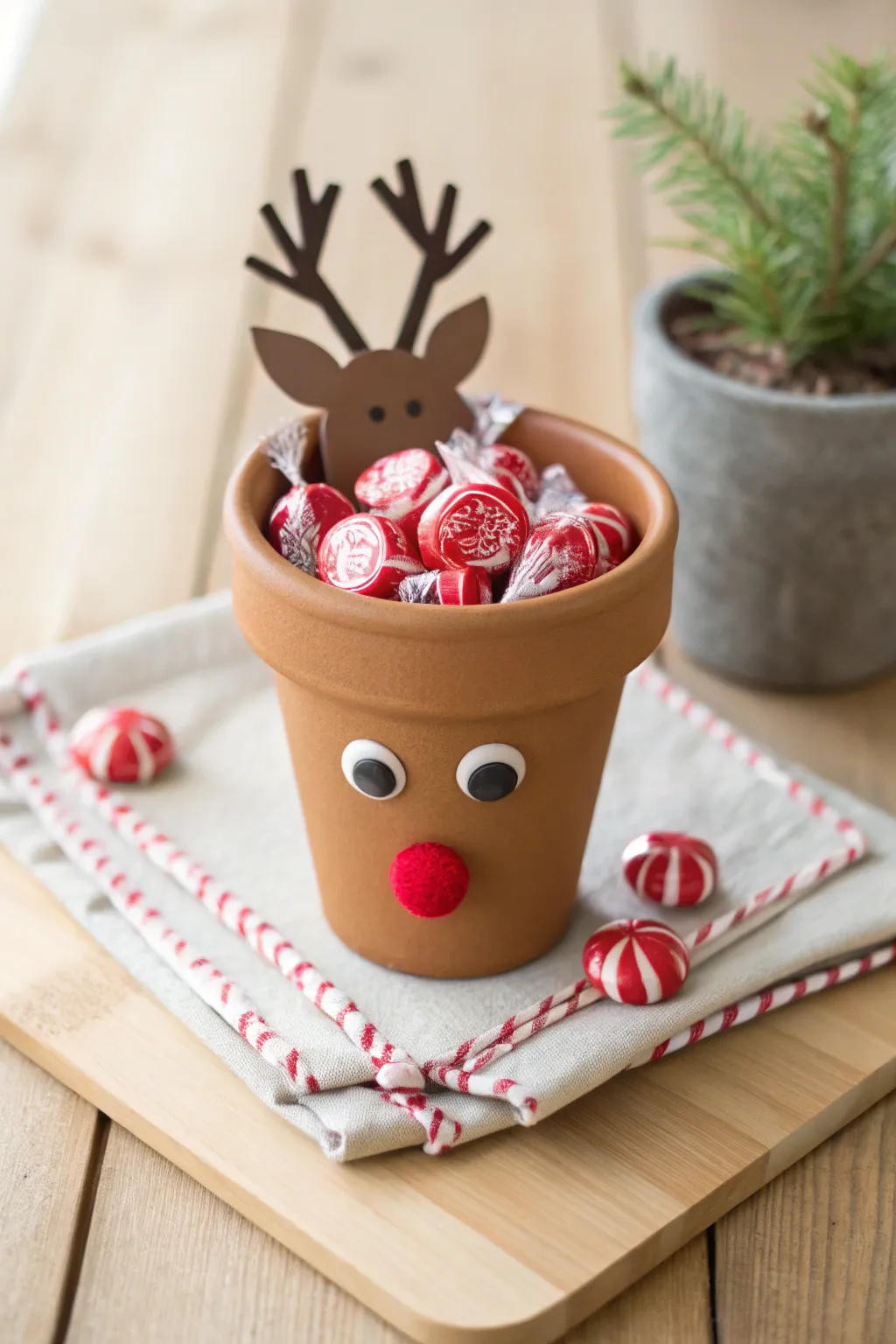 Cozy reindeer terracotta candy pot with red nose, filled with peppermints for Christmas snacking