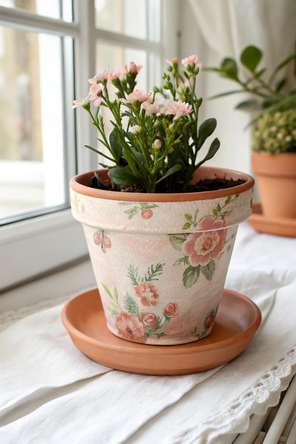 Soft floral decoupage terracotta pot with a satin finish, simple cottage charm in minutes.