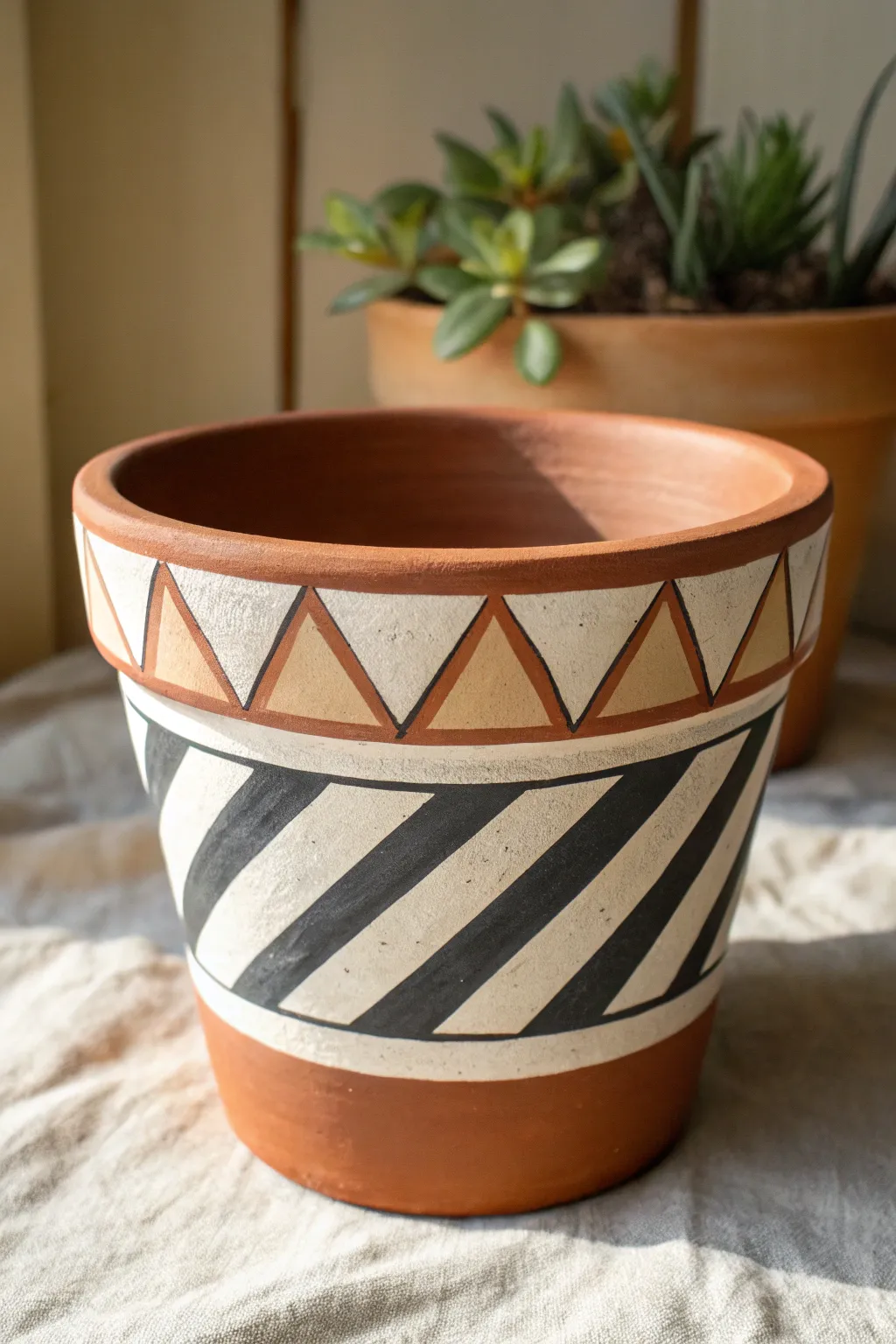 Tape-resist stripes and angles on terracotta for a clean, modern geometric pot makeover