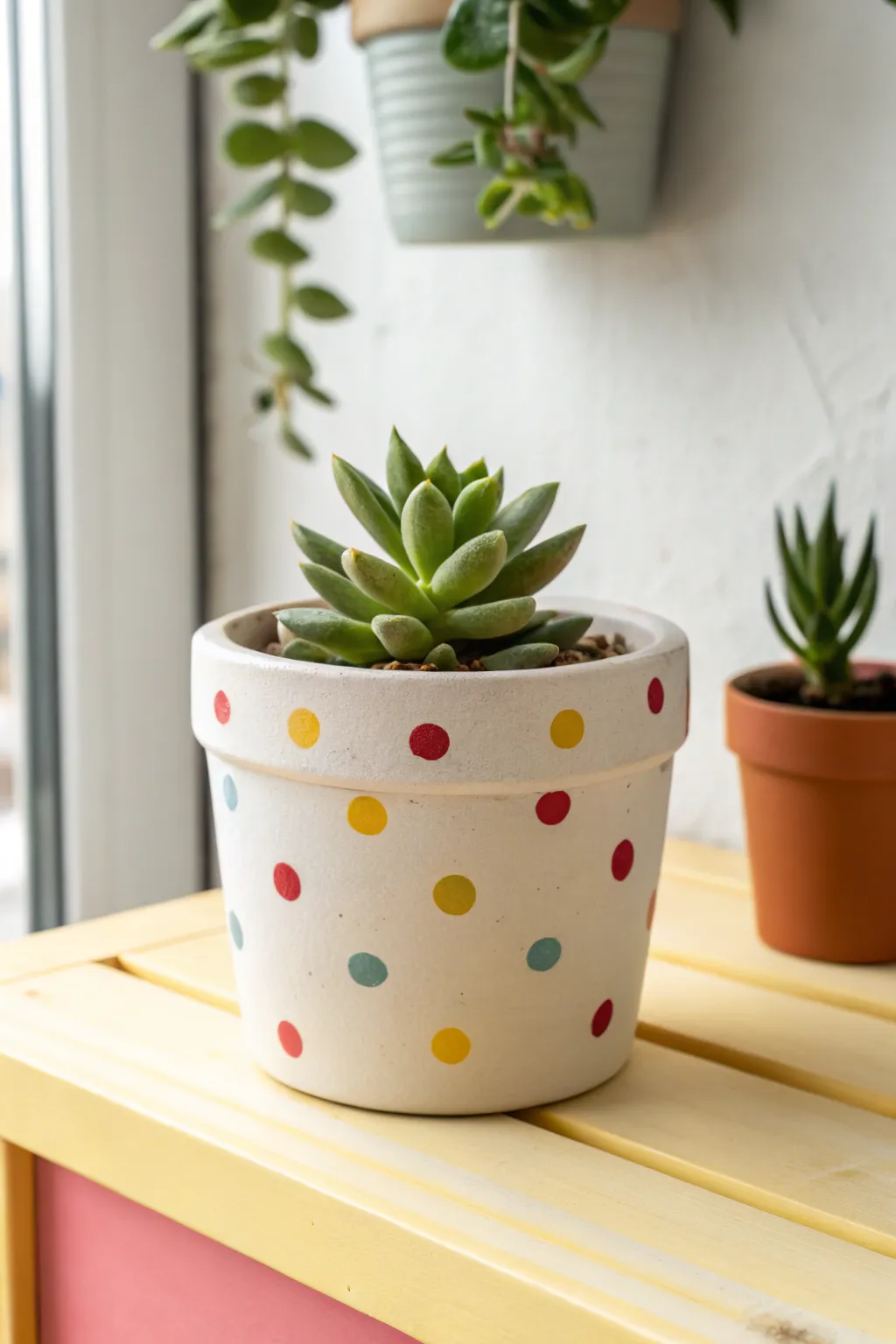 Playful polka-dot clay pot idea: a bright dotted flower pot that makes succulents stand out.
