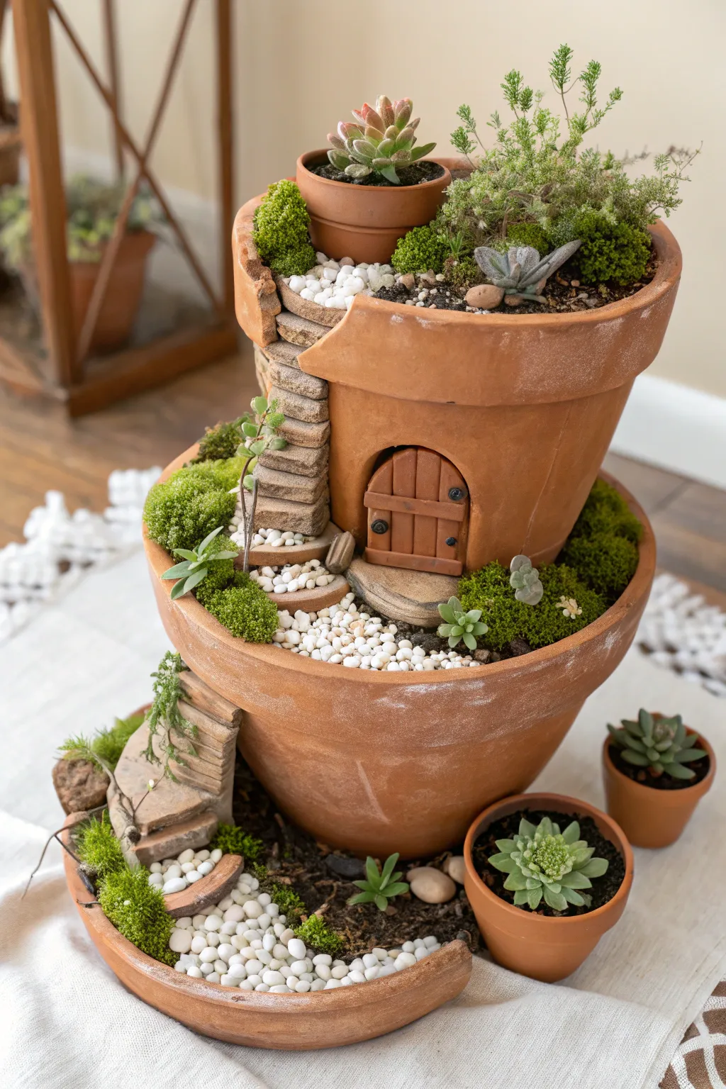 Turn a broken terracotta pot into dreamy fairy garden terraces with succulents and pebble paths