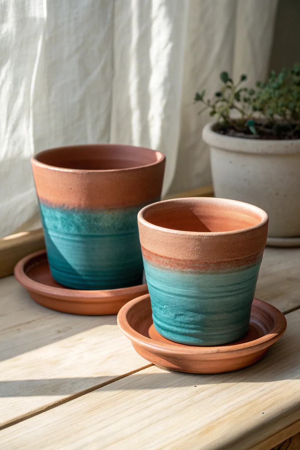 Minimal ombre dip-dyed clay pots in warm terracotta and muted teal, styled for calm boho charm.