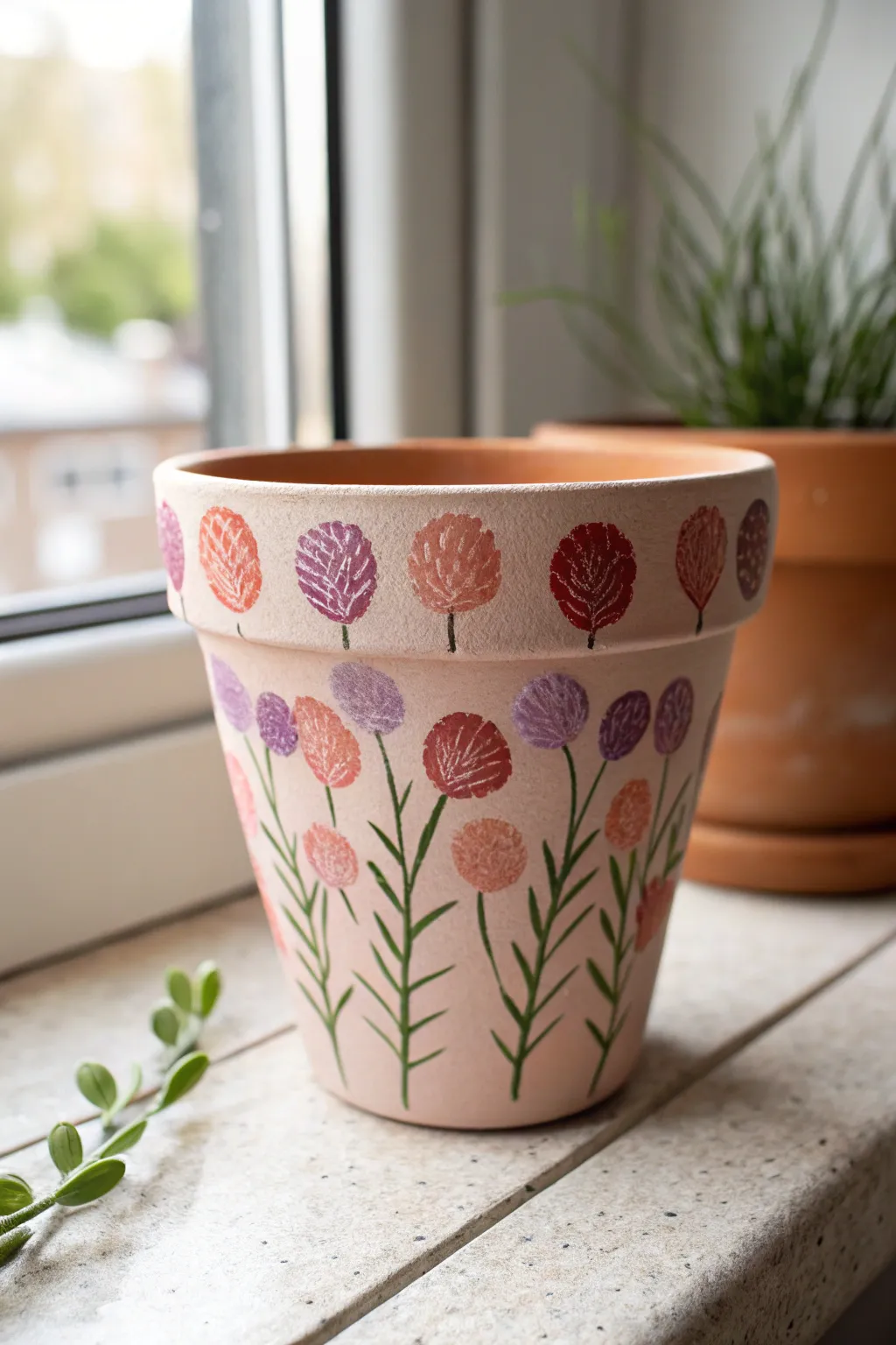Sweet fingerprint flower garden pot in soft pastels, a simple kids painting idea with big charm