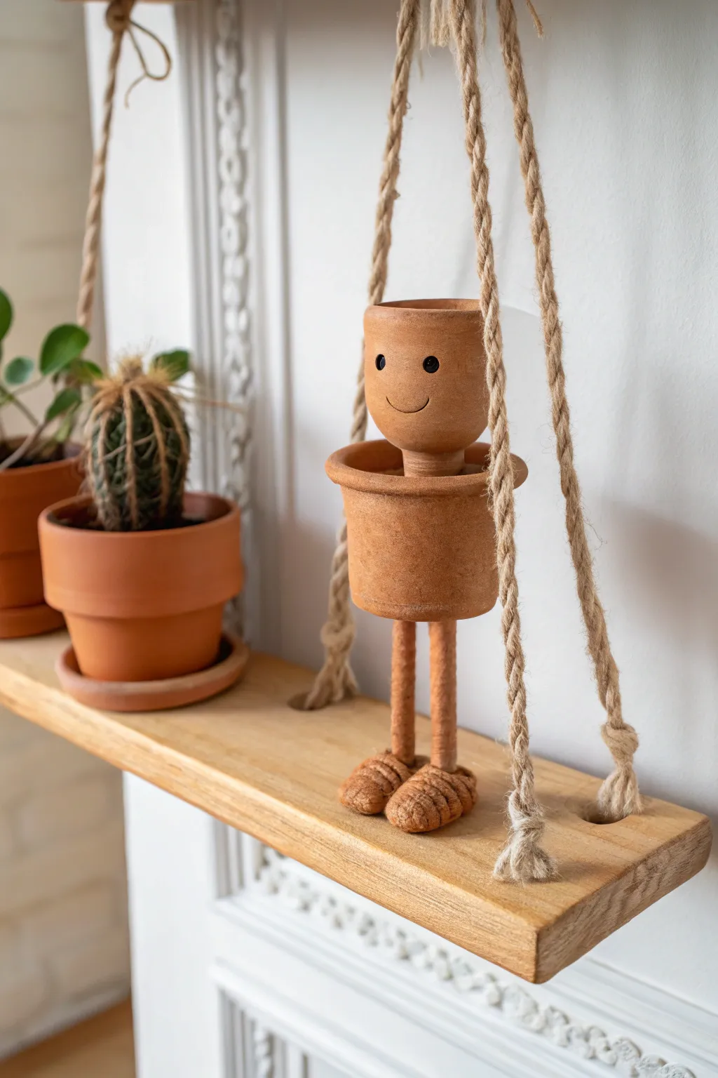 Extra-long dangling rope legs make this clay pot person a playful minimalist shelf sitter.