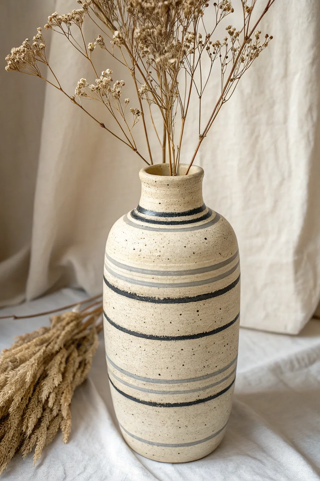 Bold stripe band vase in a minimal palette, showcasing simple clay pottery design ideas