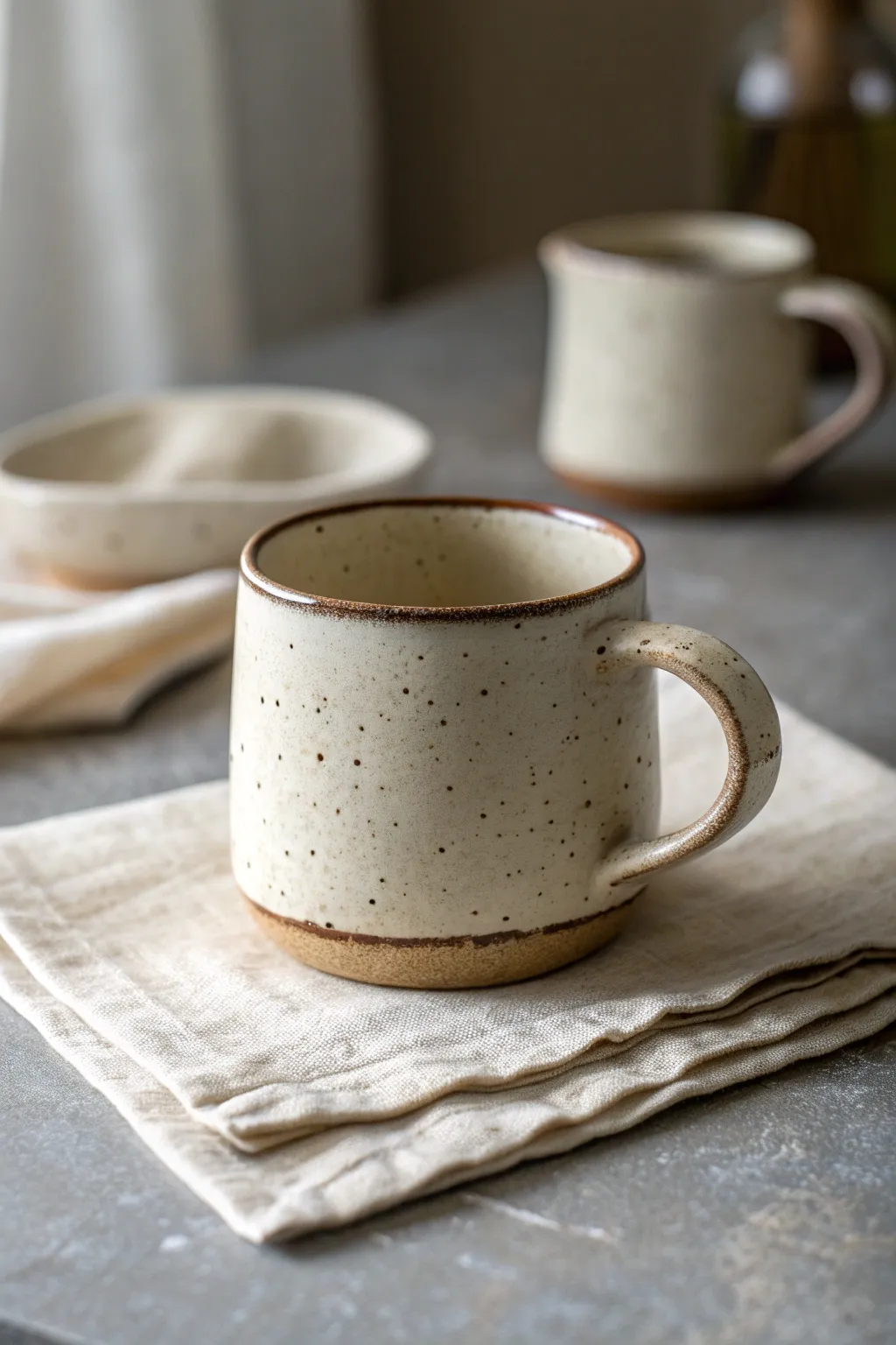 Cozy slab-built mug with comfy handle and gentle stamped texture, styled in serene Nordic neutrals.