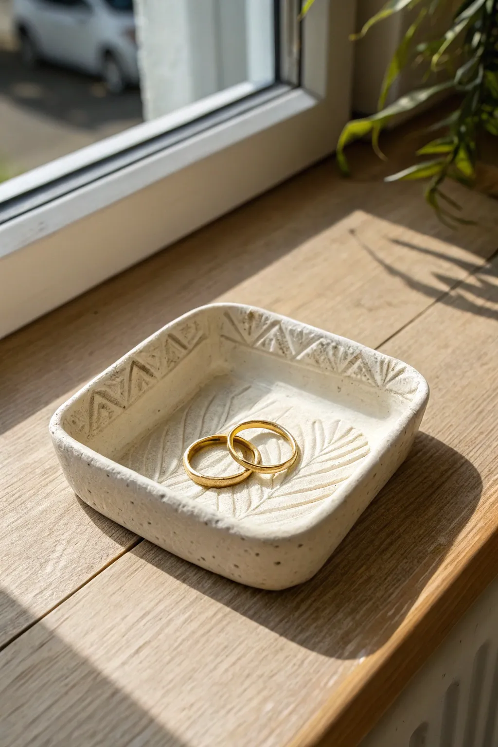 Simple slab-built ring dish with pinched corners and a subtle stamp, styled with minimal rings.