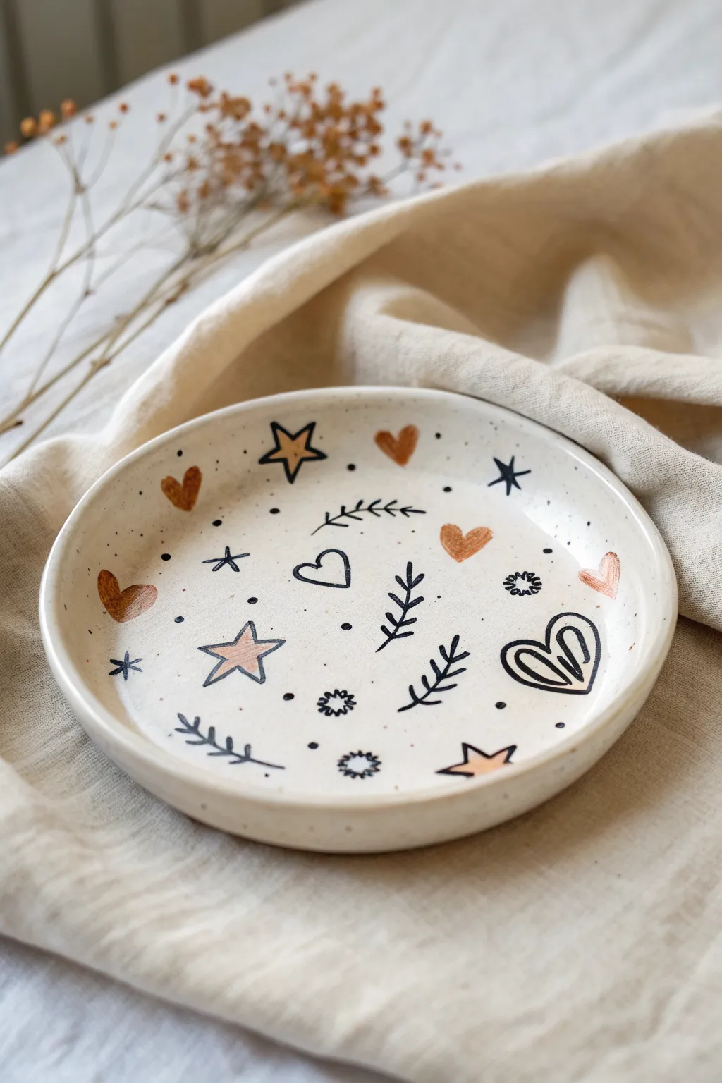 Easy doodle icons on a minimal clay plate: stars, hearts, and squiggles in soft boho style